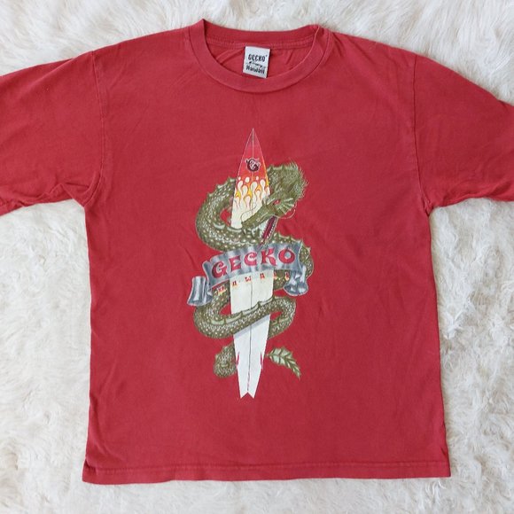 Vintage Gecko Hawaii Youth Size Red Graphic Dragon & Surfing Board T-Shirt Y-L - Picture 2 of 8